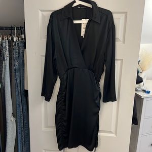 Black satin ruched collared dress